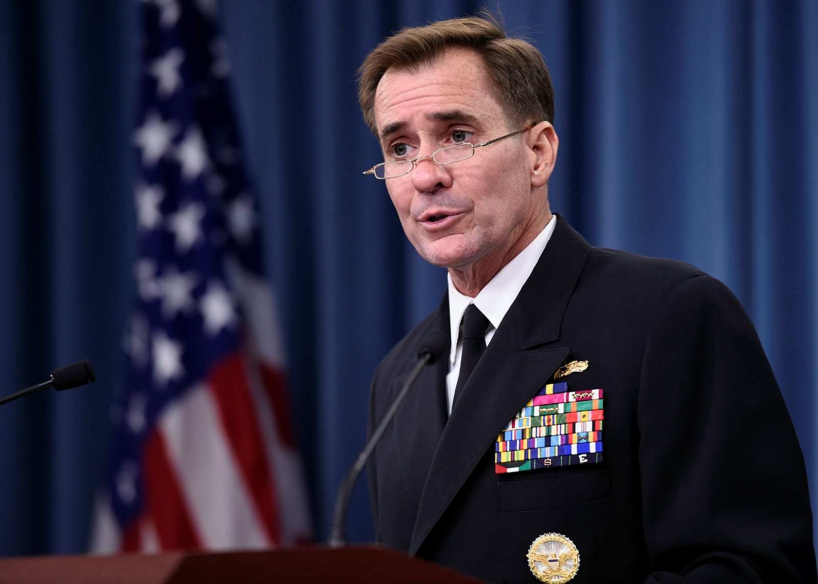 Pentagon press secretary Navy Rear Adm. John Kirby speaks during a briefing at the Pentagon, Tuesday, Sept. 2, 2014. The Pentagon says the leader of the Somalia-based al-Shabab extremist group was the target of U.S. military airstrikes that struck an encampment and a vehicle Monday night. Kirby said the results of the strike are being assessed and he can't confirm if Somali Ahmed Abdi Godane, the rebel leader, was hit. He says the strike against Godane was conducted by special operations forces with manned and unmanned aircraft firing hellfire missiles and precision-guided munitions. (AP Photo/Susan Walsh)