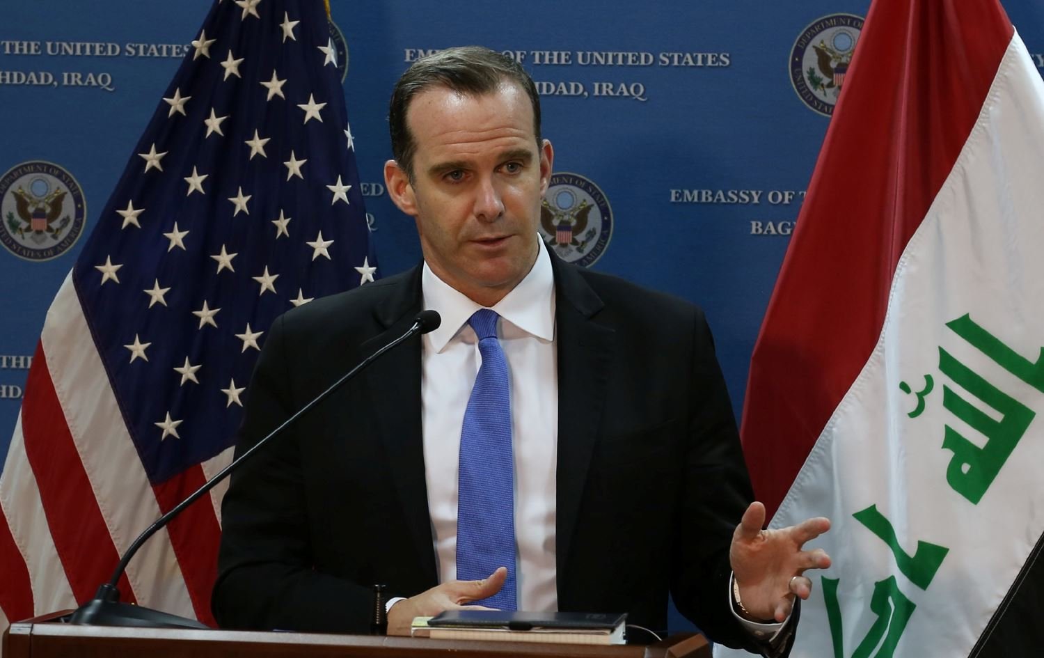 Brett McGurk, U.S. envoy to the coalition against Islamic State, speaks during news conference at the U.S. Embassy in Baghdad, Iraq July 8, 2017. U.S. Embassy/Handout via REUTERS